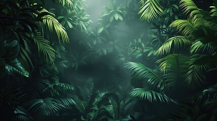 Mystical rainforest with light rays shining through forest canopy framing copy space