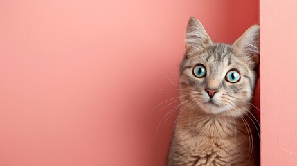 A cat peeks out from behind a corner on a light pink background, with copy space