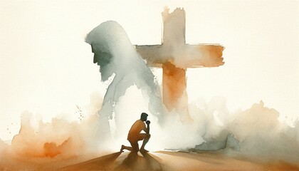 Christian man praying in front of a Christian cross, Jesus silhouette in background.  Digital watercolor painting. - obrazy, fototapety, plakaty