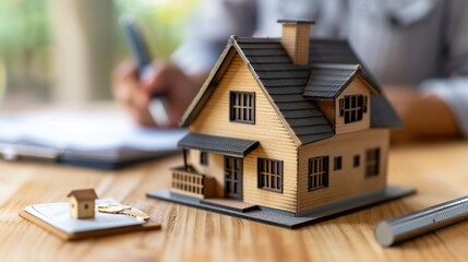Real estate agent signing mortgage agreement for new home with close up of miniature house. - obrazy, fototapety, plakaty