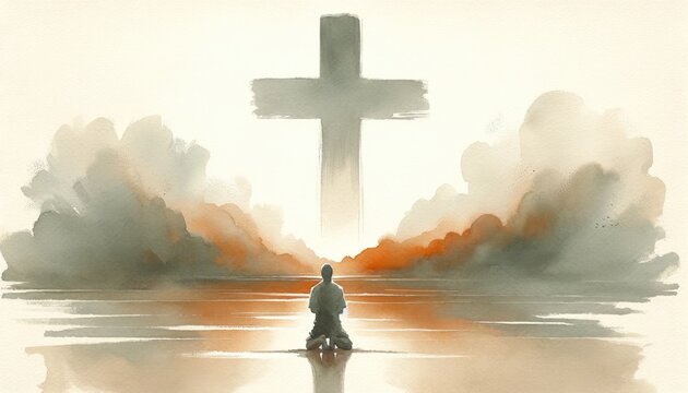 Silhouette of a man kneeling by the lake and looking at the cross.  Digital watercolor painting.