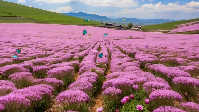 The seasonal scenery with pink flowers blooming and pink foliage offers an enchanting view. butterflies dance in the morning. Seamless looping 4k time-lapse animation video background
