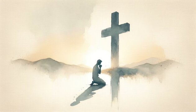 Silhouette of a man praying in front of a cross.  Digital watercolor painting.