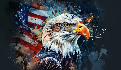 portrait of an eagle with americans flag splatted over it Generative AI