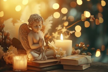 Religious holiday concept with angel  candles  flowers  books.