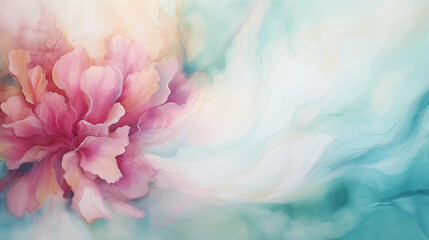 Watercolor abstract background with soft blue waves and lush red peony flower.