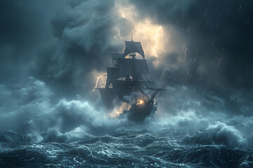 A spectral ghost ship sailing through stormy seas with crashing waves. - obrazy, fototapety, plakaty