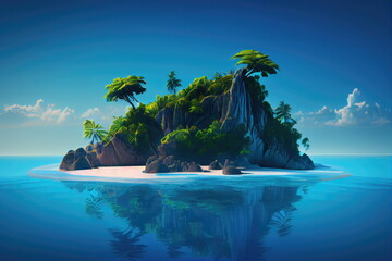 Tropical Island Floating on Blue Ocean, Exotic Paradise Resort Landscape, Cliffs and Jungles