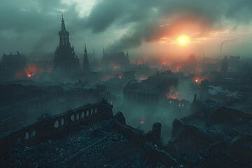 Fototapeta premium A desolate post-apocalyptic cityscape with crumbling buildings under a polluted sky.
