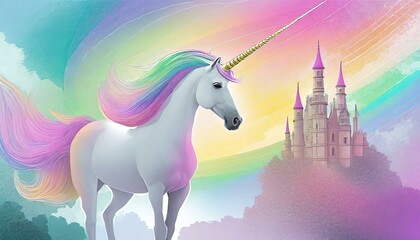 Obraz premium Licorne et décor arc-en-ciel, univers coloré aux couleurs de princesses, with a castle. 
