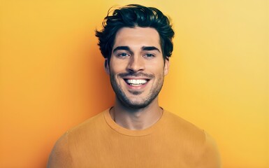 Fototapeta premium handsome brunette man. smiling, perfectly aligned white teeth, looking at the camera, beard, commercial ad model.