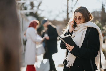 Cheerful business young woman talking on phone while holding a notebook outdoors.