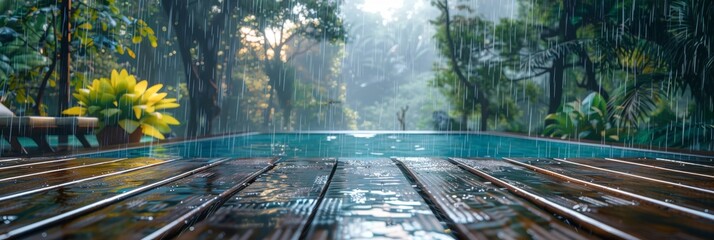 Wet Table Pool Mockup, Wooden Background Space by Hotel Swimming Pool Bar in Heavy Rain, Copy Space