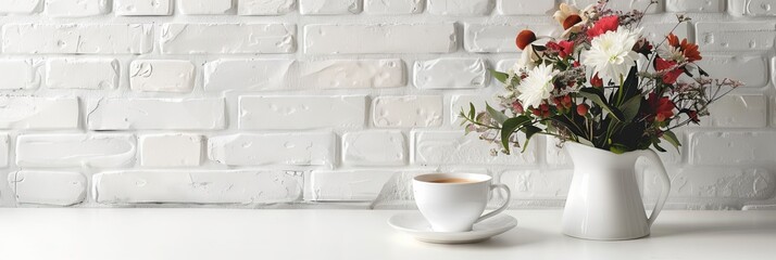 White Table with Flower Bouquet, Coffee Cup on White Brick Wall Background, Morning Greeting Card