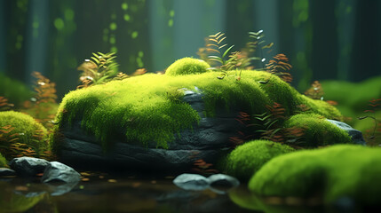 Naklejka na ściany i meble Green moss on stones in the forest