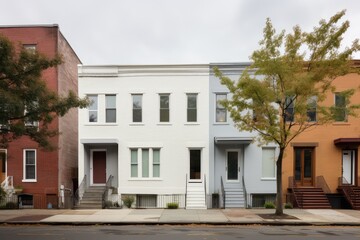 Fototapeta na wymiar White Row Houses, Street Landscape, Brooklyn Architeture, Facades of American Houses