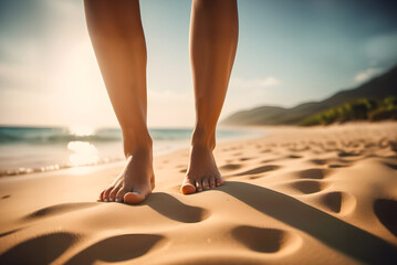 Feet walking in sand by the water on the beach with backlit sunshine. - 748357977
