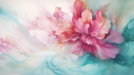 Watercolor drawn peony flower closeup on abstract waves.