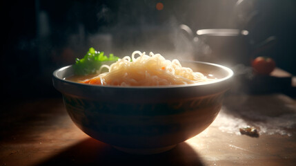 Spicy Korean Instant Noodles with Wakame Seaweed in a Black Iron Pot, Korean Food Traditional Style