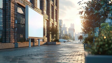 Side view of a white pylon stand with a brick building, an empty advertising tower for commercial information. Template for advertising with a clear rectangular monitor or light box