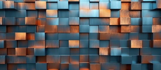 A wall constructed with metal squares in varying shades and sizes, creating an abstract pattern. The squares are arranged in a precise manner,
