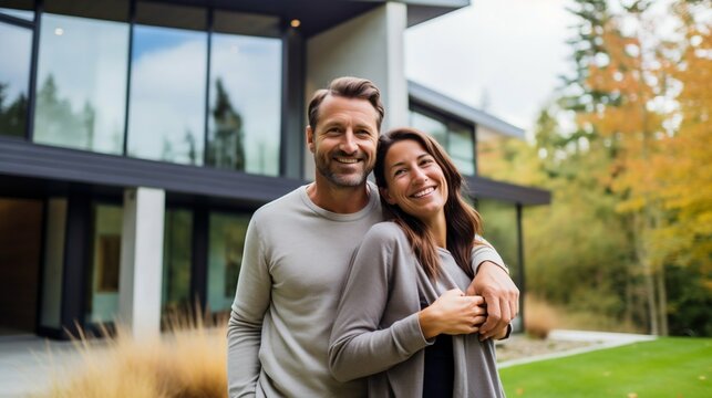 Happy Couple Embracing in Front of Their Modern Home. Generative ai