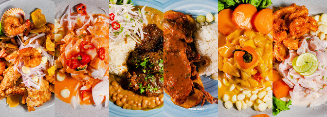 Collage of Peruvian dishes. Peruvian gastronomy. Mosaic, ceviche, lomo saltado, causa