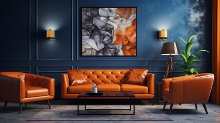 Luxurious Living Room with Leather Chesterfield Sofa and Abstract Wall Art in Dark Blue Interior