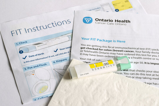 The contents of the FIT fecal immunochemical test kit screening for colon cancer by Ontario Health