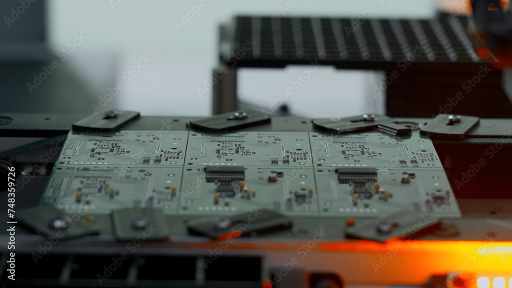 Poster close up of industrial background with printed circuit board being assembled with automated robotic 