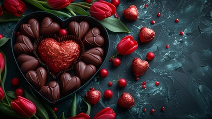 Chocolate candy hearts and flowers