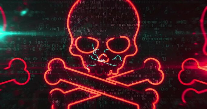 Cyberattack piracy and security breach with skull symbol abstract digital concept. Cyber technology and computer background line contour seamless and looped animation.