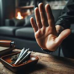 Man refuses or rejects to smoke cannabis joint. Stopping hand sign. Stop gesture. No weed. Ganja. Marijuana. Refuse to smoke together. Addiction. Generative AI - obrazy, fototapety, plakaty