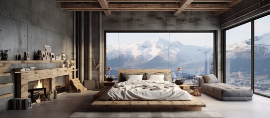 A bedroom with a large window offering a panoramic view of the mountains. The room features a DIY...
