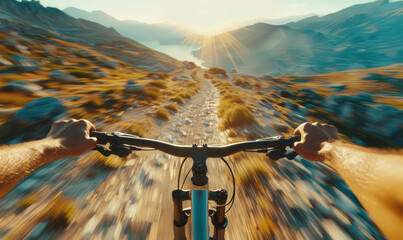 Rider driving bicycle in the mountains - obrazy, fototapety, plakaty