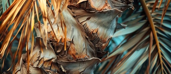 In this detailed close-up, the focus is on the trimmed bark and branches of a palm tree. The texture and patterns of the bark are prominently displayed, with the branches extending outwards. - obrazy, fototapety, plakaty