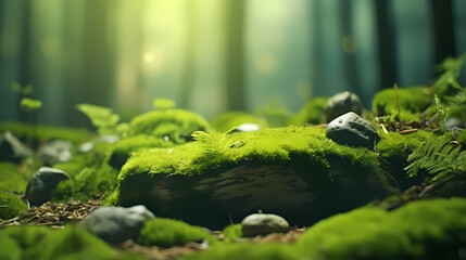 Obraz premium Beautiful bright green moss growing on rough stones