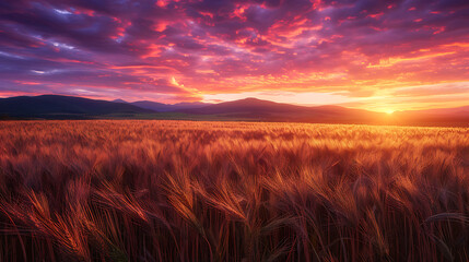 A breathtaking landscape at sunrise, with vibrant hues painting the sky over a vast field of golden wheat