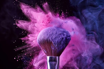 Makeup brush with pink powder and smoke on dark background