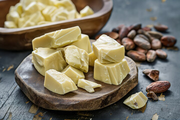 Chunks of cocoa butter on a wooden plate with cocoa beans nearby, showcasing ingredients for chocolate and beauty products.