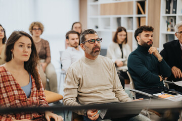 Focused audience listening in a presentation or business seminar.