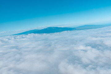 Aerial photography of Honolulu to Hilo from the plane.  From left to right: Mauna Kea, Mauna Loa, and Hualalai. Hawaii island
