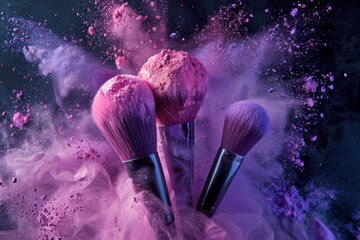 Makeup brushes with pink makeup powder on dark background