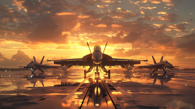 A Captivating Scene Of Fighter Jets Lined Up On A Wet Runway.