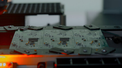 Close up of industrial background with printed circuit board being assembled with automated robotic arm. Creative. Concept of modern robotic technologies and engineering.