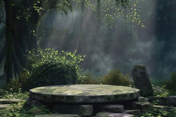 Obraz premium Flat stone podium in the magical forest empty round stand background