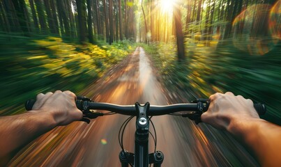 Rider driving bicycle in the forest
