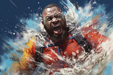 Fototapeta na wymiar Dynamic Power and Strength Displayed by Man in Water, Exuding Determination and Focus. Intense Expression Captures Energy and Vigor, with Splashes Enhancing Dramatic Effect.