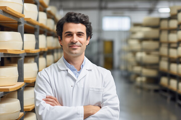 Food production technician or industry male quality control expert looking at camera and smiling at cheese manufacturing factory.