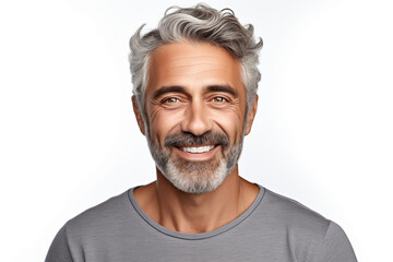 Photo portrait of a handsome 40s old mature man smiling with clean teeth. For a dental ad. Man with fresh stylish hair and beard. Isolated on white background, hyper realistic, professional - 748361768